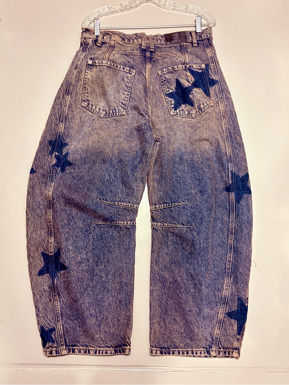 NEW Free People x WTF Good Luck Shadow Patch Barrel Jeans -Dark Wash w/ Stars ⭐️ - Picture 6 of 16